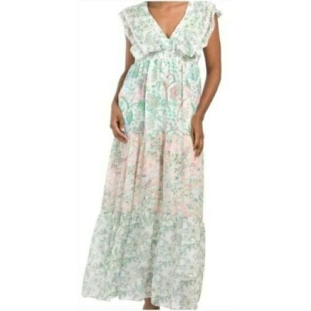 House Of Harlow 1960 Green Pink Floral Tiered Ruffle Sleeve Maxi Dress Women's M